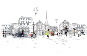 Series of street views with beautiful people and sights in France. Hand drawn vector architectural background with historic buildings.