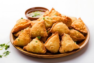 Board and plate of tasty Undhiyu with on white background.