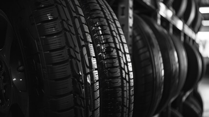 Close-up of a Stack of Black Tires in a Garage