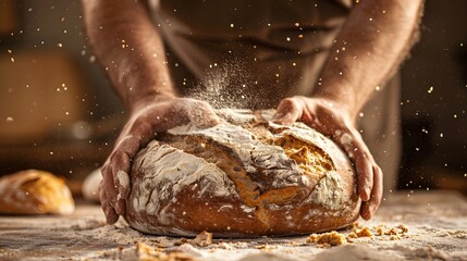 Fototapeta premium Male hands breaking freshly baked bread, closeup. 