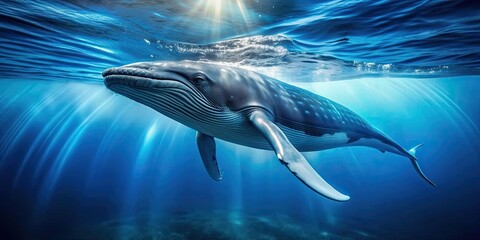 Naklejka premium Majestic blue whale swimming in the ocean, whale, blue, majestic, marine, mammal, swimming, ocean, sea, wildlife, underwater