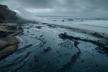 Polluted Beach with Oil Spill Aftermath