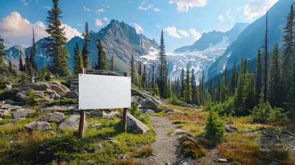 A white sign is on a dirt road in the middle of a forest. The sign is empty, and the surrounding area is full of trees and snow. The scene is peaceful and serene