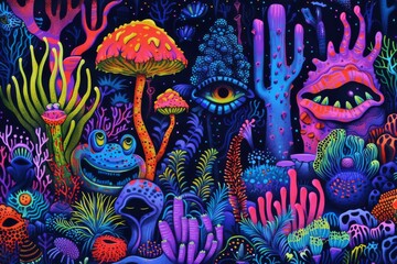 Psychedelic forest with vibrant glowing plants and surreal elements.