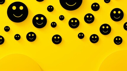 Fototapeta premium Black smiling faces arranged on a yellow background, 60s style