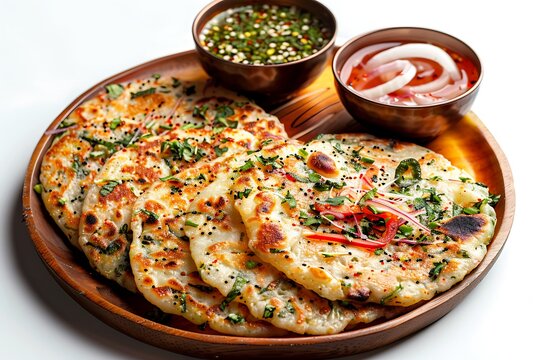 Board and plate of tasty Uttapam with on white background.