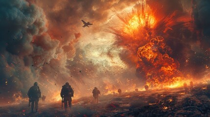 Intense Military Battle Scene with Soldiers, Explosions, and Aircraft in a War-Torn Landscape