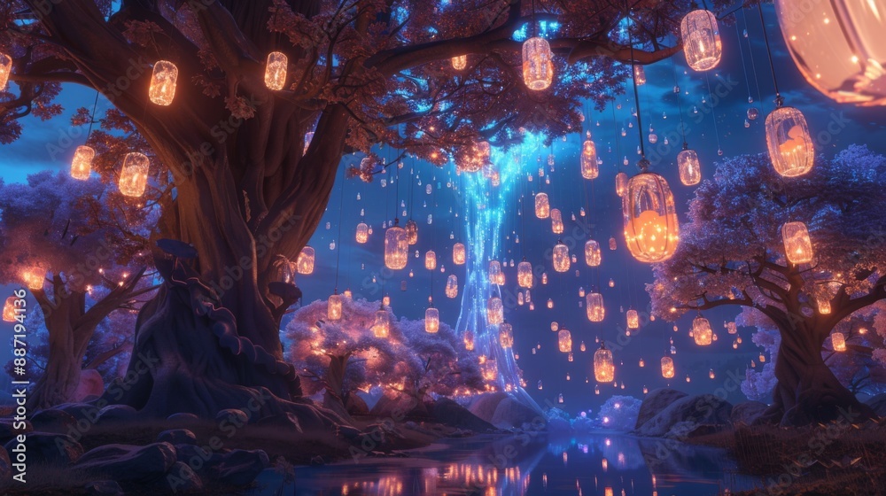 Aufkleber A magical forest at night, lit by hundreds of glowing lanterns hanging from the trees, with a stream flowing through the center of the scene.