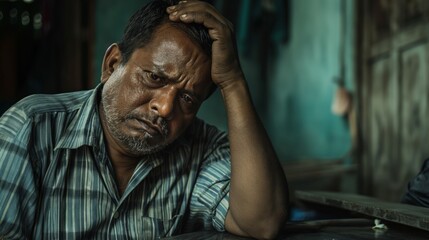 Fototapeta premium Pensive MiddleAged Bangladeshi Man Reflecting Indoors, Expressive Portrait for Editorial Use