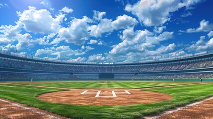 Obraz premium A baseball stadium with green grass and brown dirt. Generate AI image