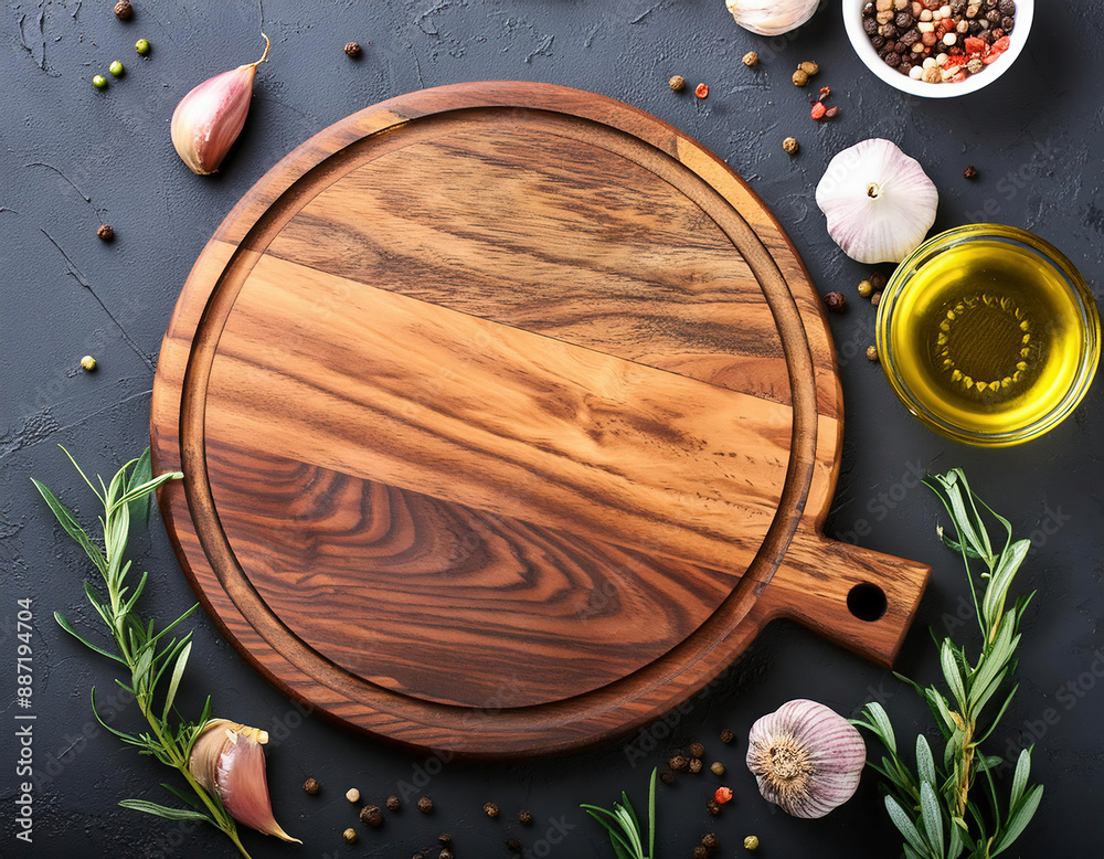 Wall mural empty wooden cutting board with rosemary, garlic, herbs and spice on a dark table. mock up for your 