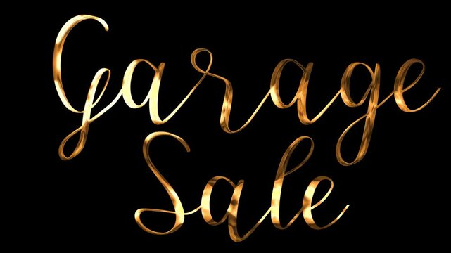 Golden script words Garage Sale on black background suitable for advertising yard sales, online promotions, flyers, or social media posts
