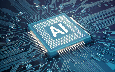 powerful computer processor microchip with the word representing artificial intelligence, AI technology