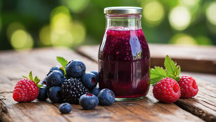 A small glass jar of berry juice with assorted fresh berries on a rustic wooden table, set against a natural backdrop.