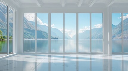 Fototapeta premium Empty white room with big lake view windows