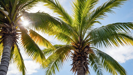 Fototapeta premium Sunlight filtering through vibrant green palm tree leaves against a bright blue sky.