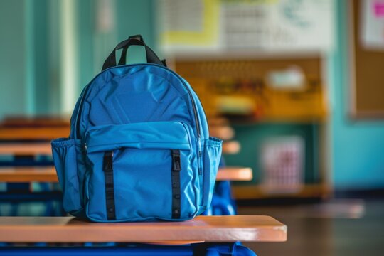 A blue school backpack sits on a wooden desk in a classroom