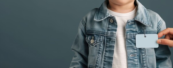 Close-up of a child in a denim jacket with a blank tag being held, suitable for labeling or customization.