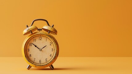 Vintage alarm clock on yellow background with space for text