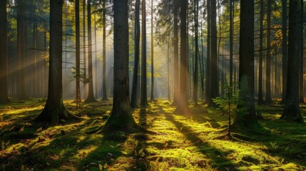 Obraz premium A panoramic view of a forest with tall trees. Generate AI image