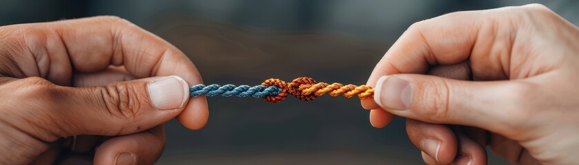 Close-up of two hands pulling on a knotted multicolored rope, symbolizing teamwork, connection, and unity.