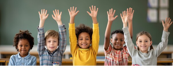 A diverse group of smiling school children raising their hands eagerly in a classroom, showing enthusiasm and participation.