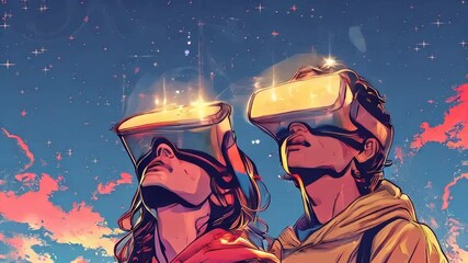 A man and woman wearing VR headsets look upward at a starry sky, cartoon - Powered by Adobe