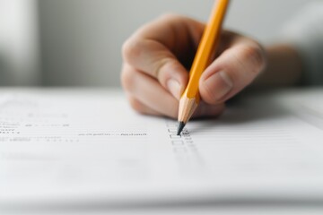 Close-up of a hand holding a pencil and filling out a checklist on a paper form, focusing on detailed tasks.