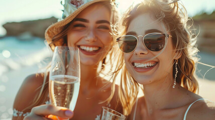 Happy young women drinking champagne at bachelorette party on the beach. Bride and bridesmaid having fun at hen party