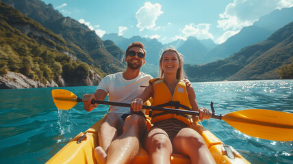 Outdoor Nature Selfie of Young Lovely Couple on Sunny Day on Lake Sea with Mountain View Background. Best Friends Enjoying and Having Fun Together on Kayak in Vacation Holiday Trip.
