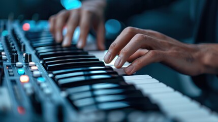 Close-up of a musician's hands playing an electronic keyboard in a studio, highlighting music production and live performance.