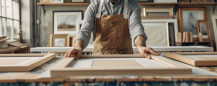 A framer in an art studio assembling picture frames, emphasizing craftsmanship and attention to detail in frame making.