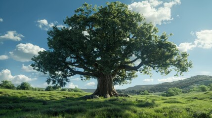 Obraz premium Majestic Oak Tree in Sunlit Meadow, Nature Landscape for Posters, Cards, and Prints