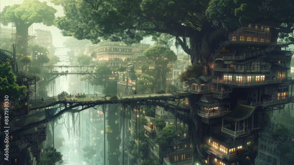 Poster a bustling city built high in the branches of towering trees, connected by wooden walkways and bridg