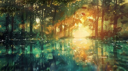 Obraz premium A peaceful forest pond with trees reflecting in the water during a vibrant sunset.