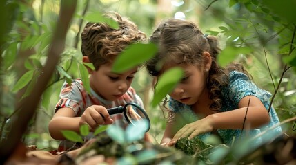 Kids exploring in forest with a magnifying glass