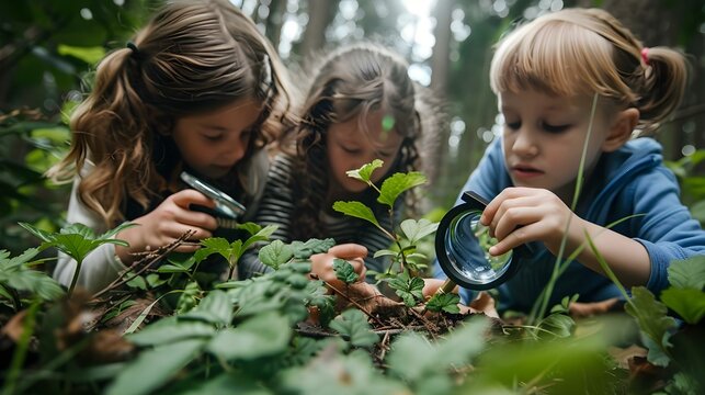 Kids exploring in forest with a magnifying glass
