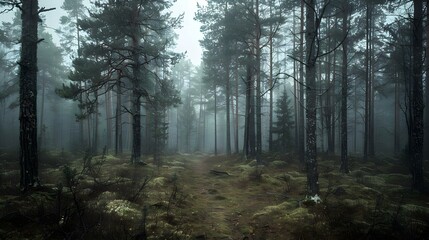 Naklejka premium Moody forest landscape in Uppsala, Sweden