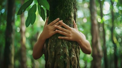 Nature lover hugging tree trunk in forest