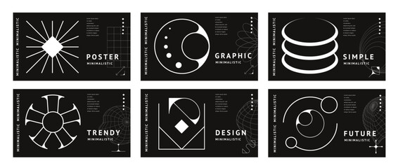 Fototapeta premium Horizontal brutal y2k posters of monochrome geometric shapes and abstract line graphic elements. Futuristic silhouettes of sun, planet globe grid, star and sparkle with brutal figures and forms