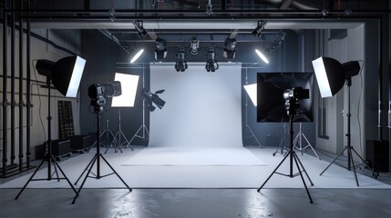 A professional photo studio with lights and cameras. Generate AI image