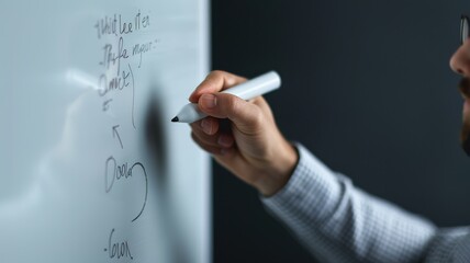 Close-up of a man writing on a whiteboard with a marker, illustrating brainstorming, planning, and teaching activities.