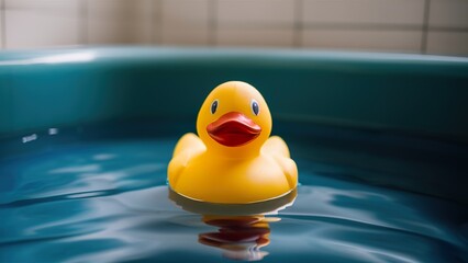 Yellow rubber duck floating in a bathtub.