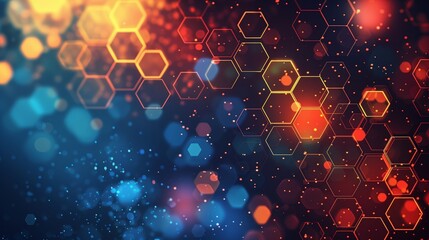 Abstract vector background with hexagons and colored dots on a dark blue color, technology or digital design concept.