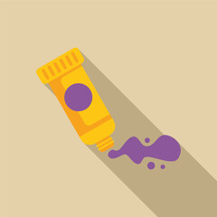 Yellow paint tube squeezing out purple paint, simple flat design with long shadow