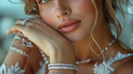 Beautiful model wearing white gold diamond ring and tinnes bracelets.