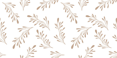 Seamless monochrome brown floral vector pattern with twigs and leaves for design use textile wallpaper botanical branches palm tropical