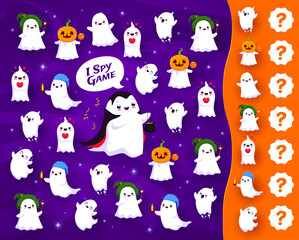 Kids I spy game, Halloween cute kawaii ghost characters matching puzzle quiz. Vector worksheet of math education game, Halloween holiday ghosts personages, trick or treat sweets, pumpkins, witch hat