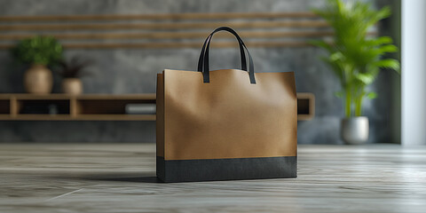 Modern Shopping Bag in Stylish Kitchen, Elegant Brown Paper Bag with Black Handles, Chic Interior Design