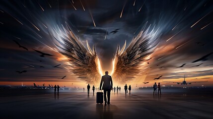 A group of people walking towards the camera, carrying suitcases and wearing business attire; A huge angel with long wings flying in front of them; The background is an airport with many birds flying